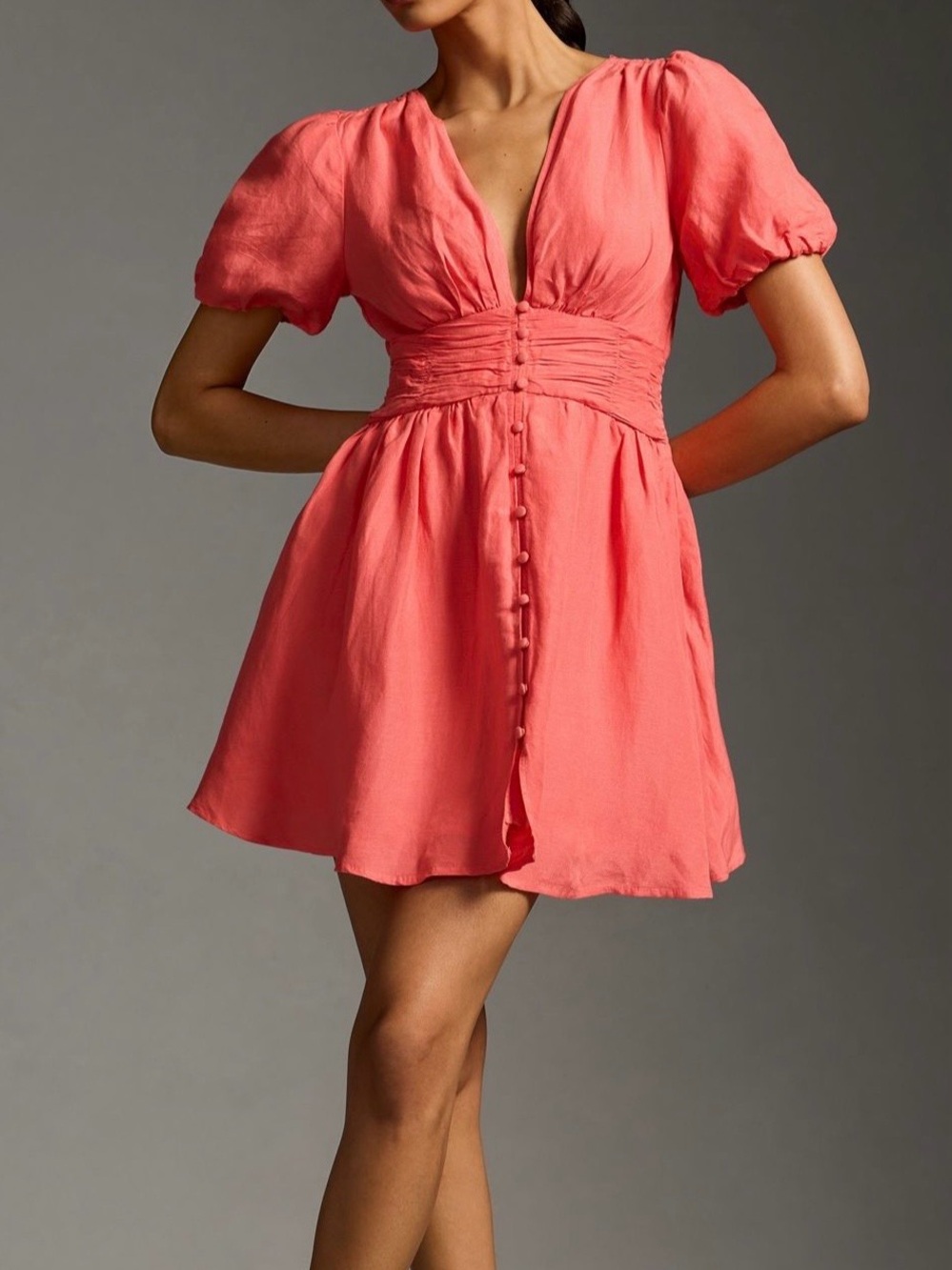 Anthropologie Coral-Pink Puff Sleeve Mini Dress